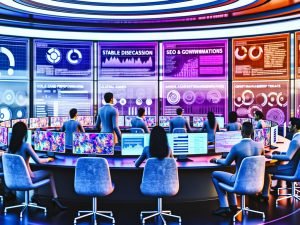 Futuristischer Kontrollraum mit Marketing-Dashboards, dynamischen KI-Bildern, SEO-Graphen, Codefragmenten und Prompt-Strukturen; diverse Teams; Symbole für Stable Diffusion, DALL·E und ControlNet; visuelle QA-Bots und Governance-Checklisten.