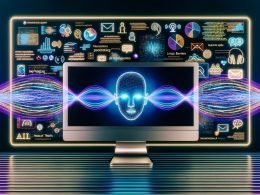 Futuristischer Arbeitsplatz: Monitor mit Wellenform, die sich in ein menschliches Gesicht verwandelt (neuronale Text-to-Speech-Synthese); schwebende AR-Marketingmaterialien, mehrsprachige leuchtende Textbänder sowie KI-, Server- und Cloud-Symbole.