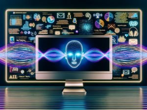 Futuristischer Arbeitsplatz: Monitor mit Wellenform, die sich in ein menschliches Gesicht verwandelt (neuronale Text-to-Speech-Synthese); schwebende AR-Marketingmaterialien, mehrsprachige leuchtende Textbänder sowie KI-, Server- und Cloud-Symbole.