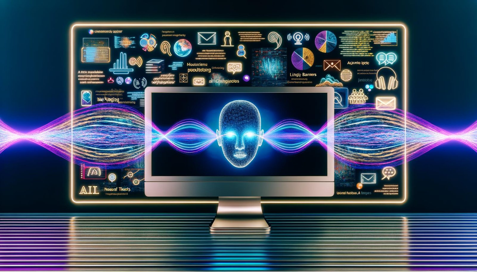 Futuristischer Arbeitsplatz: Monitor mit Wellenform, die sich in ein menschliches Gesicht verwandelt (neuronale Text-to-Speech-Synthese); schwebende AR-Marketingmaterialien, mehrsprachige leuchtende Textbänder sowie KI-, Server- und Cloud-Symbole.