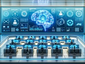 Futuristischer Marketing-Kontrollraum mit KPI-Dashboards; autonome KI-Agenten arbeiten neben Marketer, Data Engineer und Compliance-Managerin.