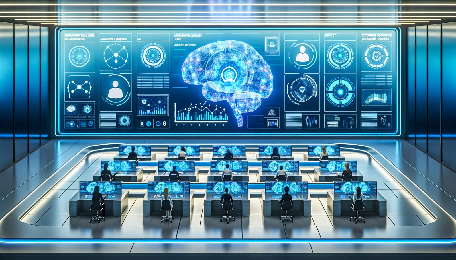 Futuristischer Marketing-Kontrollraum mit KPI-Dashboards; autonome KI-Agenten arbeiten neben Marketer, Data Engineer und Compliance-Managerin.