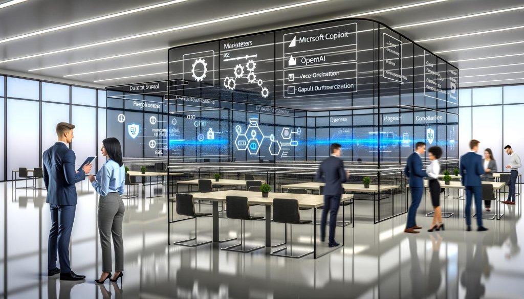 Glaswandbüro mit integrierten Touchscreens, die Microsoft Copilot, Azure OpenAI und Fabric verbinden; Marketer und Entwickler an Stehtischen; drei große Monitore mit Datenfluss-Diagrammen zu Prompt-Orchestrierung, Vektorensuche und DSGVO/EU-Compliance; im Hintergrund KPI- und ROI-Dashboard.