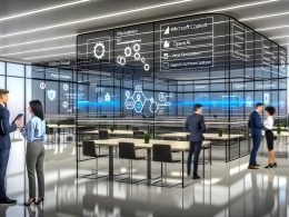 Glaswandbüro mit integrierten Touchscreens, die Microsoft Copilot, Azure OpenAI und Fabric verbinden; Marketer und Entwickler an Stehtischen; drei große Monitore mit Datenfluss-Diagrammen zu Prompt-Orchestrierung, Vektorensuche und DSGVO/EU-Compliance; im Hintergrund KPI- und ROI-Dashboard.