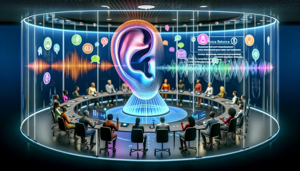 Ohrförmiger Marketing-Kontrollraum mit holografischen Sprachdaten, Live-Transkription und KPIs; KI-Module ASR, TTS, LLM sowie EU-Datenschutzsymbole.