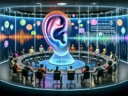 Ohrförmiger Marketing-Kontrollraum mit holografischen Sprachdaten, Live-Transkription und KPIs; KI-Module ASR, TTS, LLM sowie EU-Datenschutzsymbole.