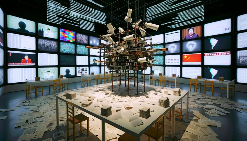 Zeitgenössischer Galerieraum mit Ai-Weiwei-inspirierter Skulptur aus Überwachungskameras, Smartphones, Gerüststangen und Lego, umgeben von Daten-Displays, Hashtags, Memes und Projektionen zur Great Firewall.