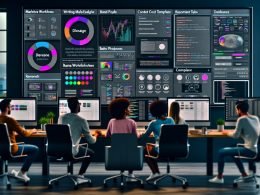 Marketing- und Webtech-Team an modernem Arbeitsplatz mit Canva AI auf großen Monitoren: generative Designs, Markenvorlagen, KPI-Dashboards, Automatisierung.