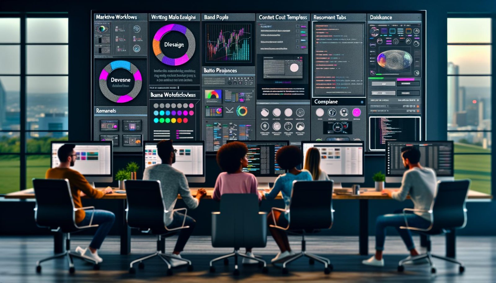 Marketing- und Webtech-Team an modernem Arbeitsplatz mit Canva AI auf großen Monitoren: generative Designs, Markenvorlagen, KPI-Dashboards, Automatisierung.