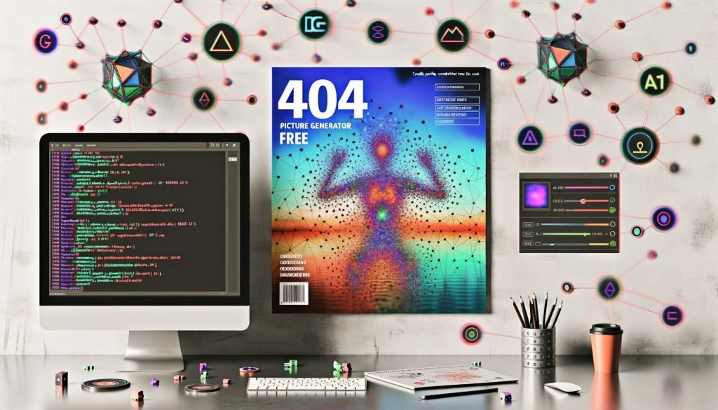 Digitales Magazin-Cover mit modernem Arbeitsplatz: Monitor rendert ein KI-Bild (Neuralnetz, Code, CFG-Scale- und Seed-Regler, schwebende Tokens); Symbole für Stable Diffusion und DALL·E; Skizzenblock, Kamera und Stylus auf dem Schreibtisch; 404 Magazine Logo sichtbar.