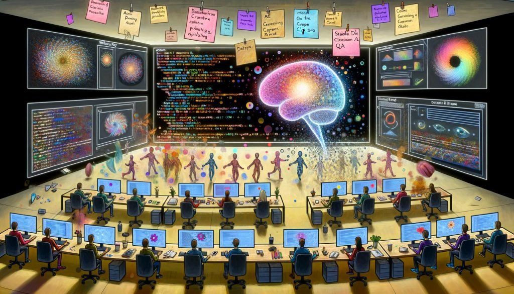 Futuristischer Workspace: Diverses Team arbeitet an generativer Kunst mit KI-Dashboards für Midjourney, DALL·E 3, Stable Diffusion XL und Adobe Firefly; zentrales leuchtendes Gehirn, Prompts, Seeds, QA, CLIP Score, rechtliche Symbole.