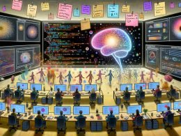 Futuristischer Workspace: Diverses Team arbeitet an generativer Kunst mit KI-Dashboards für Midjourney, DALL·E 3, Stable Diffusion XL und Adobe Firefly; zentrales leuchtendes Gehirn, Prompts, Seeds, QA, CLIP Score, rechtliche Symbole.