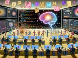 Futuristischer Workspace: Diverses Team arbeitet an generativer Kunst mit KI-Dashboards für Midjourney, DALL·E 3, Stable Diffusion XL und Adobe Firefly; zentrales leuchtendes Gehirn, Prompts, Seeds, QA, CLIP Score, rechtliche Symbole.