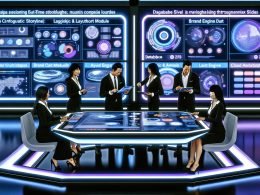 Diverse Mitarbeitende an digitalem Tisch; KI generiert Präsentationsfolien mit Diagrammen, Workflows und Markenprüfung im futuristischen Büro.