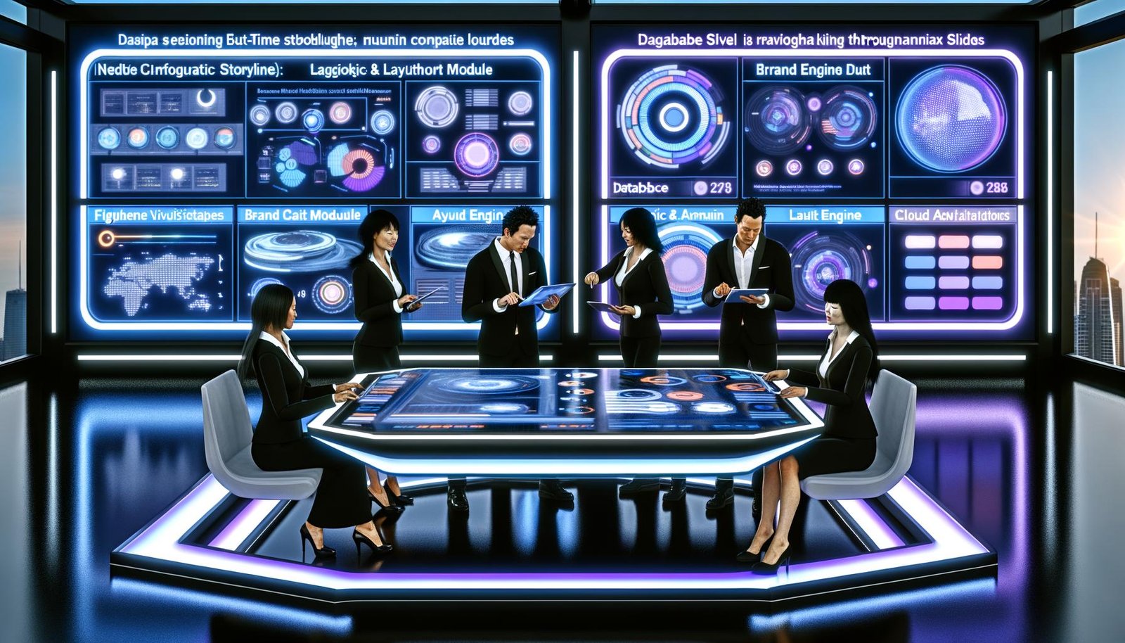 Diverse Mitarbeitende an digitalem Tisch; KI generiert Präsentationsfolien mit Diagrammen, Workflows und Markenprüfung im futuristischen Büro.