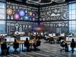 Modernes, schnelles Büro mit Marketer:innen und Entwickler:innen, die an großen Screens kollaborieren. Zu sehen sind Canva-AI-Tools wie Magic Write, Magic Design, Magic Edit und Magic Switch, CSV-Bulk-Uploads, Beat Sync, Brand Kit sowie Compliance- und Accessibility-Overlays.