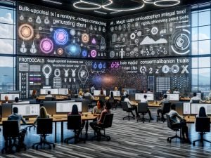 Modernes, schnelles Büro mit Marketer:innen und Entwickler:innen, die an großen Screens kollaborieren. Zu sehen sind Canva-AI-Tools wie Magic Write, Magic Design, Magic Edit und Magic Switch, CSV-Bulk-Uploads, Beat Sync, Brand Kit sowie Compliance- und Accessibility-Overlays.