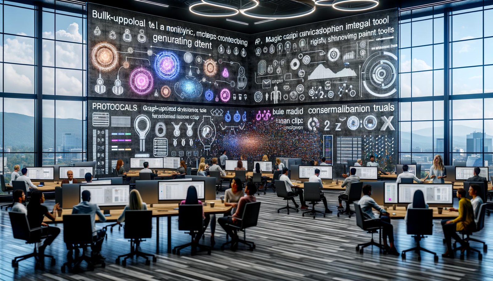 Modernes, schnelles Büro mit Marketer:innen und Entwickler:innen, die an großen Screens kollaborieren. Zu sehen sind Canva-AI-Tools wie Magic Write, Magic Design, Magic Edit und Magic Switch, CSV-Bulk-Uploads, Beat Sync, Brand Kit sowie Compliance- und Accessibility-Overlays.