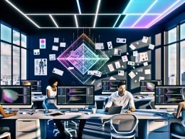Modernes, vielfältiges Kreativteam in einem farbintensiven Workspace; im Zentrum ein Laptop mit KI‑Bildgenerator und frisch erzeugtem Bild, umgeben von Moodboards, KI‑Visuals und Farbfächern mit subtilen futuristischen Tech‑Elementen.
