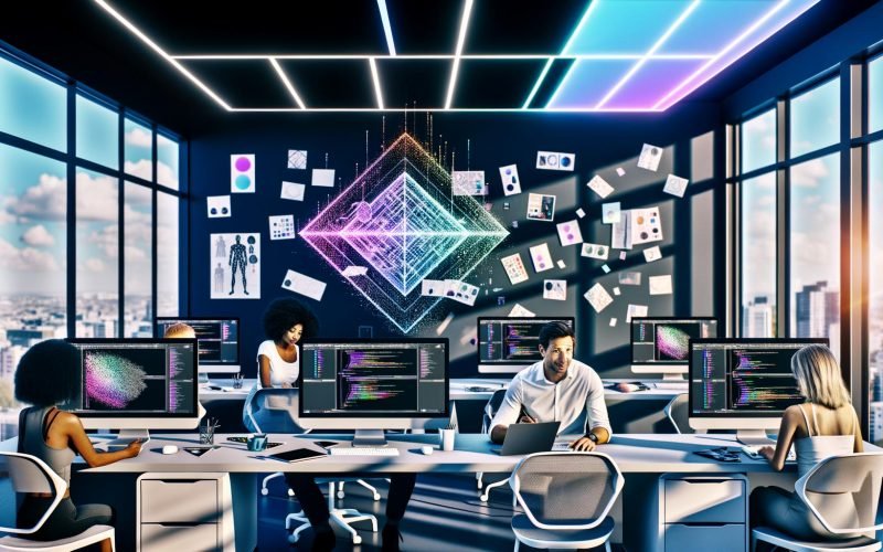 Modernes, vielfältiges Kreativteam in einem farbintensiven Workspace; im Zentrum ein Laptop mit KI‑Bildgenerator und frisch erzeugtem Bild, umgeben von Moodboards, KI‑Visuals und Farbfächern mit subtilen futuristischen Tech‑Elementen.