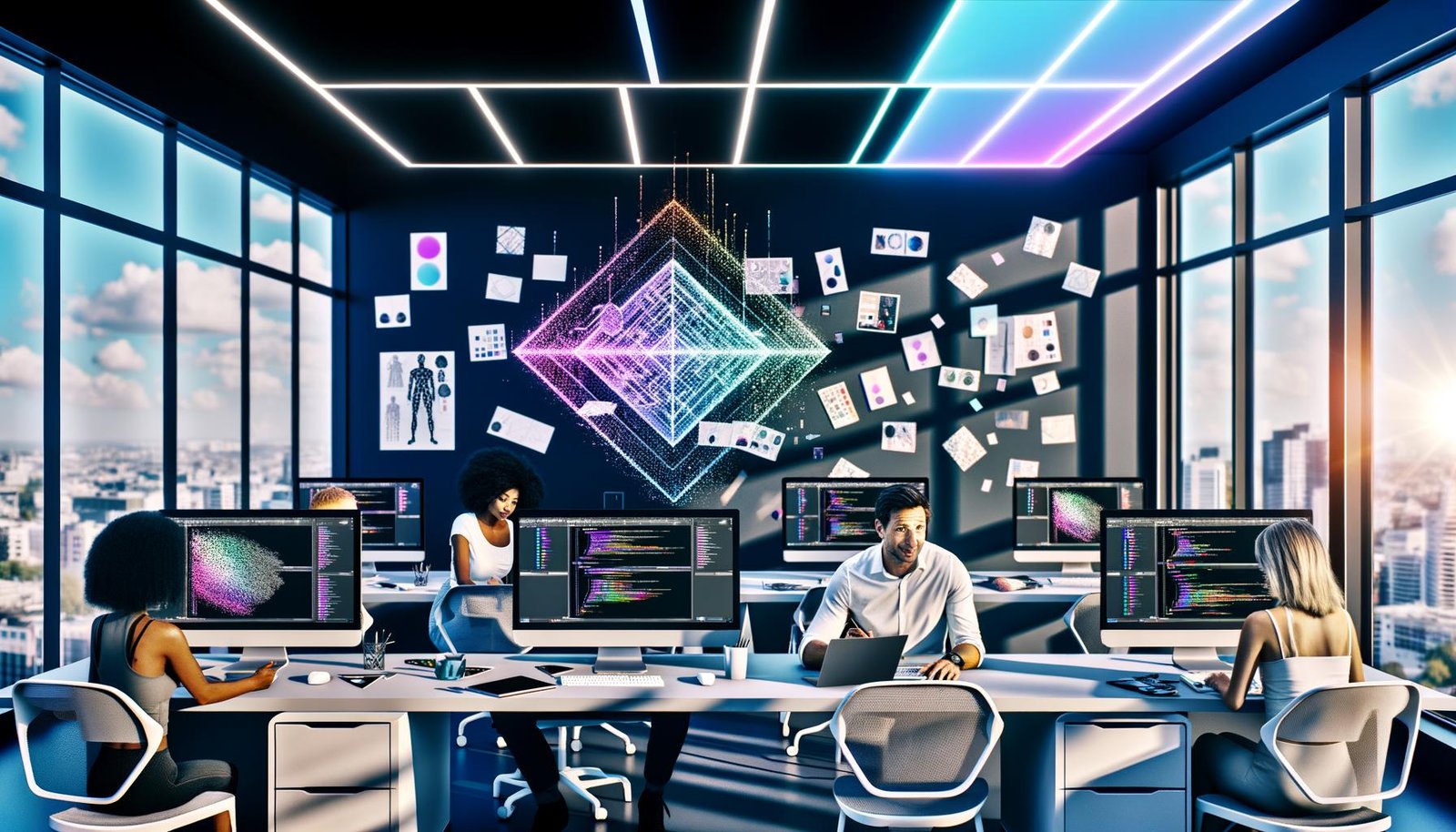 Modernes, vielfältiges Kreativteam in einem farbintensiven Workspace; im Zentrum ein Laptop mit KI‑Bildgenerator und frisch erzeugtem Bild, umgeben von Moodboards, KI‑Visuals und Farbfächern mit subtilen futuristischen Tech‑Elementen.