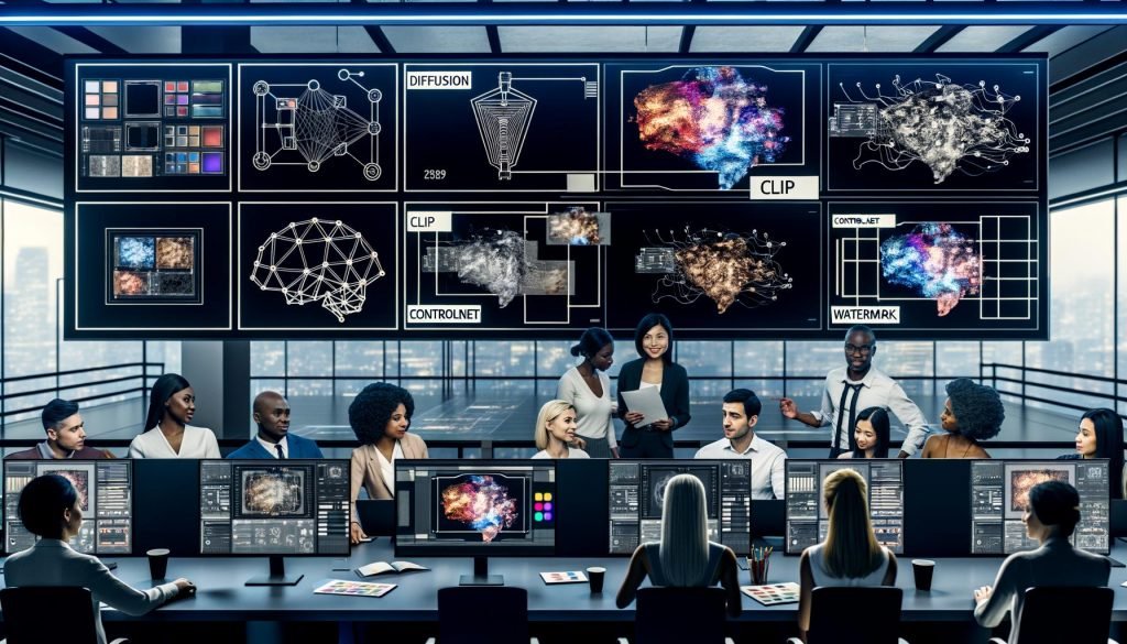 Modernes Kreativstudio mit Kreativen vor Monitoren mit vielfältiger KI-Kunst; Overlays mit Diagrammen neuronaler Netze, Prompt-Vorlagen, Reglern und Wasserzeichen; Labels Diffusion, CLIP, ControlNet, LoRA; analoge Tools, High-End-GPUs und Server.