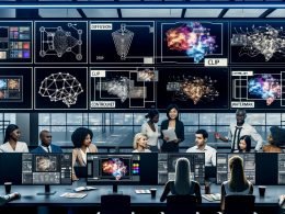 Modernes Kreativstudio mit Kreativen vor Monitoren mit vielfältiger KI-Kunst; Overlays mit Diagrammen neuronaler Netze, Prompt-Vorlagen, Reglern und Wasserzeichen; Labels Diffusion, CLIP, ControlNet, LoRA; analoge Tools, High-End-GPUs und Server.