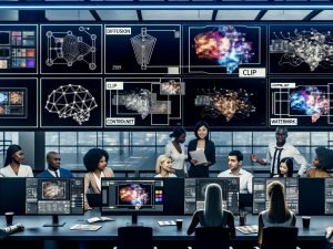 Modernes Kreativstudio mit Kreativen vor Monitoren mit vielfältiger KI-Kunst; Overlays mit Diagrammen neuronaler Netze, Prompt-Vorlagen, Reglern und Wasserzeichen; Labels Diffusion, CLIP, ControlNet, LoRA; analoge Tools, High-End-GPUs und Server.