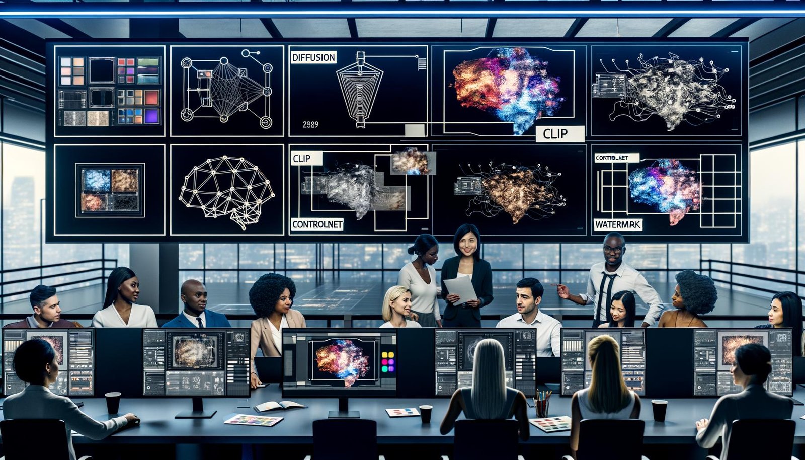 Modernes Kreativstudio mit Kreativen vor Monitoren mit vielfältiger KI-Kunst; Overlays mit Diagrammen neuronaler Netze, Prompt-Vorlagen, Reglern und Wasserzeichen; Labels Diffusion, CLIP, ControlNet, LoRA; analoge Tools, High-End-GPUs und Server.