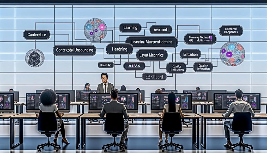 Diverse Fachkräfte in einem modernen Büro 2025 arbeiten an KI-gestützten Präsentationen; auf Bildschirmen: automatische Folien, datengetriebene Charts, markenkonforme Farben, Sprechernotizen, Qualitätschecks, semantische Analyse, Layout-Engine und Export in PPTX, PDF, HTML.