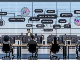 Diverse Fachkräfte in einem modernen Büro 2025 arbeiten an KI-gestützten Präsentationen; auf Bildschirmen: automatische Folien, datengetriebene Charts, markenkonforme Farben, Sprechernotizen, Qualitätschecks, semantische Analyse, Layout-Engine und Export in PPTX, PDF, HTML.