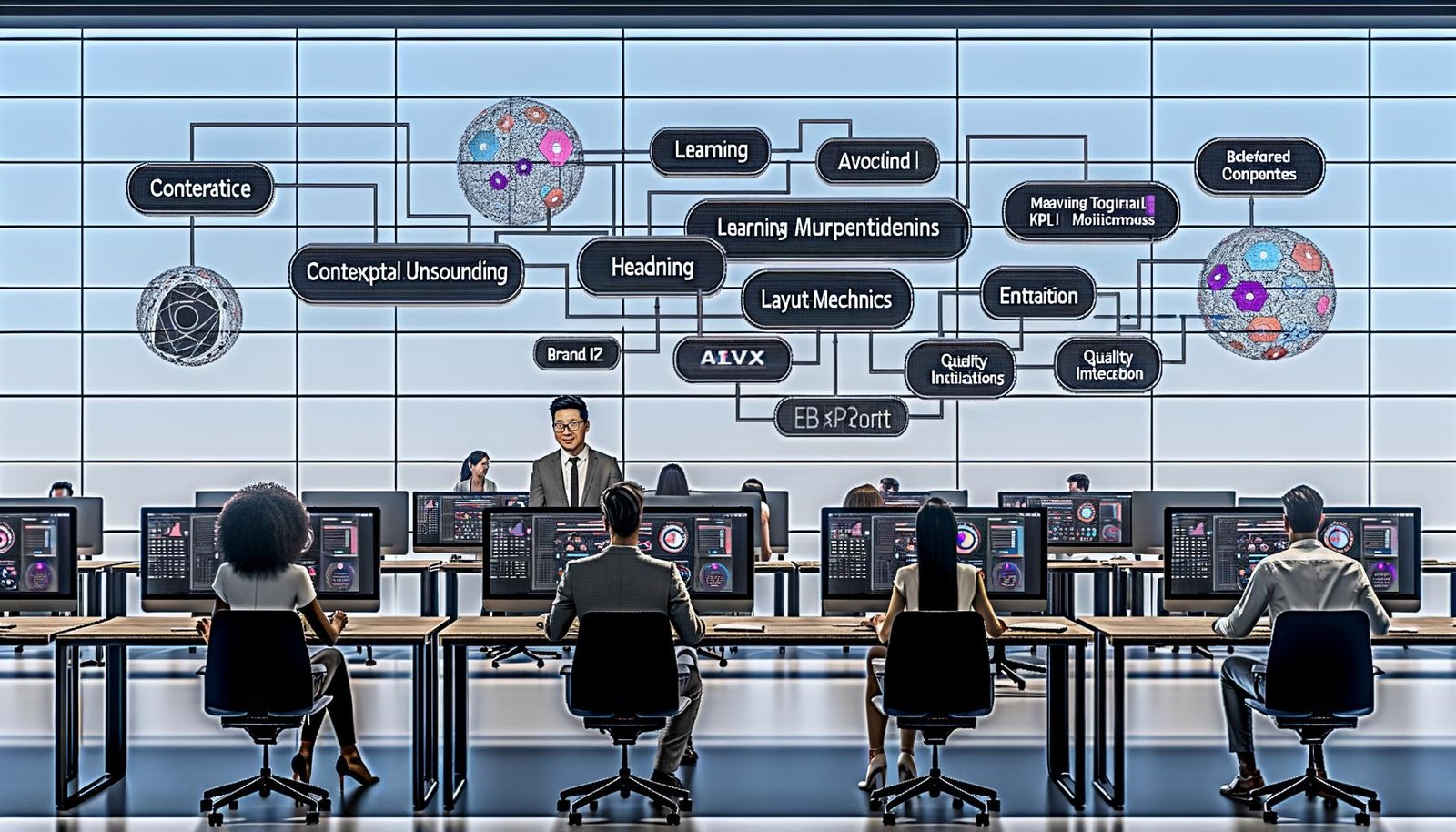 Diverse Fachkräfte in einem modernen Büro 2025 arbeiten an KI-gestützten Präsentationen; auf Bildschirmen: automatische Folien, datengetriebene Charts, markenkonforme Farben, Sprechernotizen, Qualitätschecks, semantische Analyse, Layout-Engine und Export in PPTX, PDF, HTML.