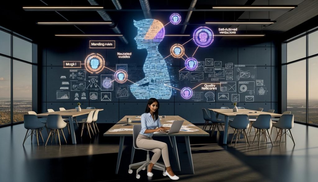 Modernes Marketingteam in offenem Büro mit leuchtenden Monitoren; hyperdetaillierte KI-Bildgenerierung, Prompt-Editing am Laptop, holografische Workflow- und Neuralnetz-Visualisierungen, Styleboards, Farbpaletten und QC-Checklisten an den Wänden.