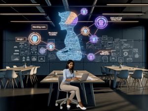 Modernes Marketingteam in offenem Büro mit leuchtenden Monitoren; hyperdetaillierte KI-Bildgenerierung, Prompt-Editing am Laptop, holografische Workflow- und Neuralnetz-Visualisierungen, Styleboards, Farbpaletten und QC-Checklisten an den Wänden.