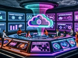 Futuristischer Kontrollraum mit Marketer:innen, Ingenieur:innen und Datenwissenschaftler:innen an holografischen Interfaces; Echtzeit-Grafiken, KI-Modelle und Kreativ-Assets. Pulsierende Datenströme verbinden Cloud und Gerät als hybride Galaxy-AI-Architektur. Dashboards zu Ad-Optimierung, Consent-Management und Kreativ-Automation, plus Sicherheitsfunktionen wie Verschlüsselung und Audit-Trails; Branding, modulare Tech-Stacks und Observability-Metriken im Umfeld.