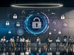 Modernes Büro mit schwebendem OpenAI‑Login; MFA, Passkeys, SSO, vernetzte Schlösser, Schlüssel, Geräte sowie Audit‑Logs und GDPR‑Hinweis.