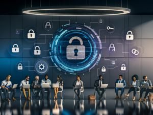 Modernes Büro mit schwebendem OpenAI‑Login; MFA, Passkeys, SSO, vernetzte Schlösser, Schlüssel, Geräte sowie Audit‑Logs und GDPR‑Hinweis.