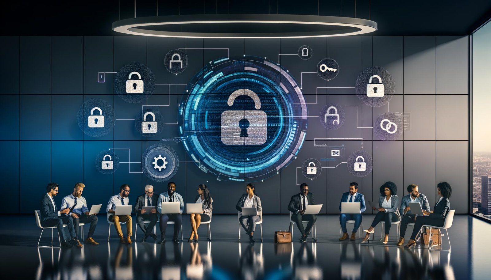 Modernes Büro mit schwebendem OpenAI‑Login; MFA, Passkeys, SSO, vernetzte Schlösser, Schlüssel, Geräte sowie Audit‑Logs und GDPR‑Hinweis.