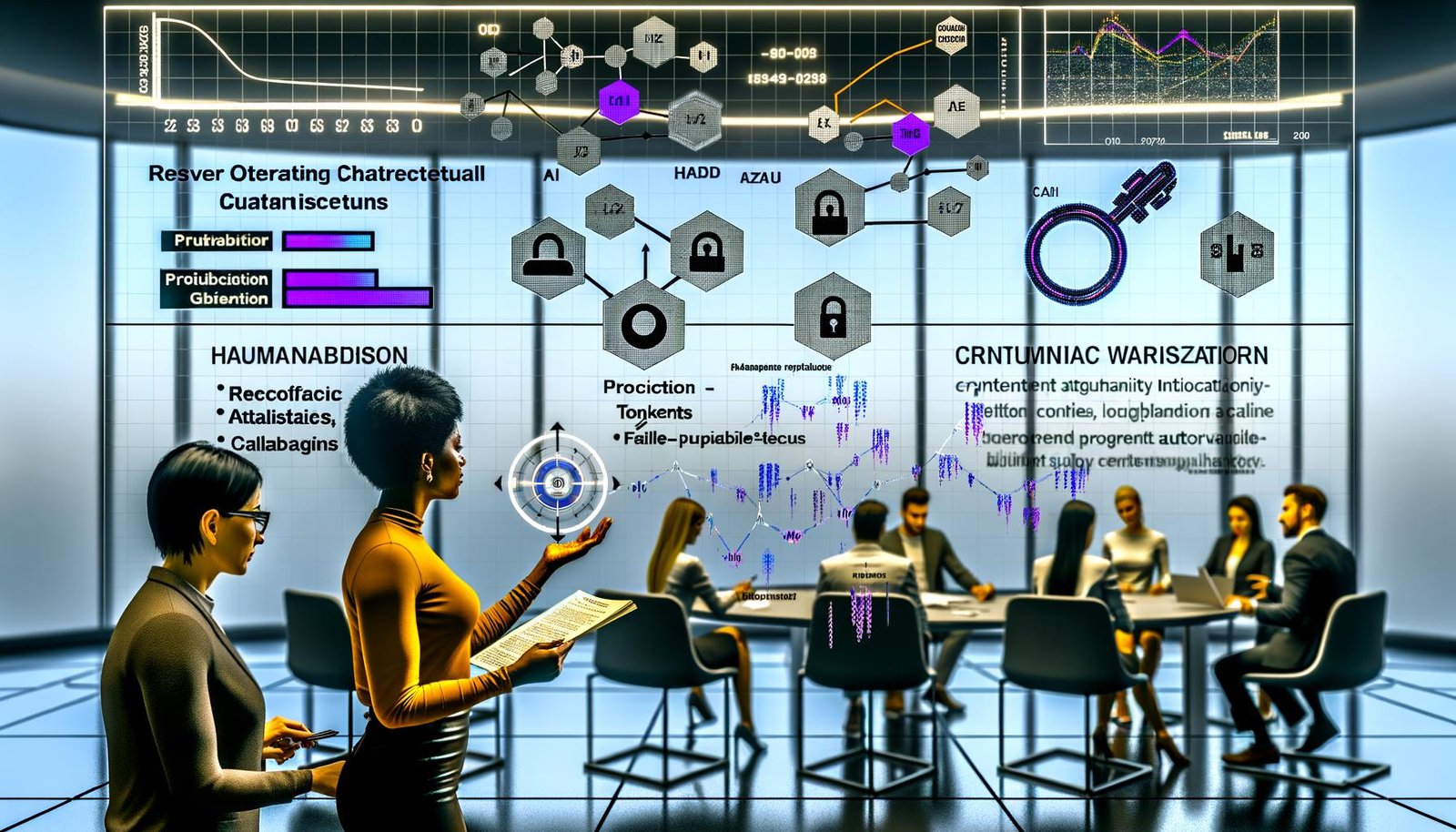 Futuristisches Büro mit diversen Marketingprofis vor großem Analytics-Dashboard; ROC-, Precision-Recall- und Kalibrierungsplots, schwebende Textvisualisierungen mit Scores und Schwellen, Warnungen vor False Positives; KI scannt Dokumente, menschliche Prüferin mit Stift; Overlays zu C2PA und kryptografischen Wasserzeichen.
