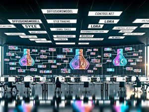 Futuristischer Workspace mit Marketing- und Design-Team vor großen Displays; KI-Bildpipeline mit Prompts, Parametern, Style-Tokens, Markenrichtlinien und Compliance; Begriffe Diffusionsmodell, LoRA, ControlNet, Metadata; Vorher/Nachher-Optimierungen und Analytics.