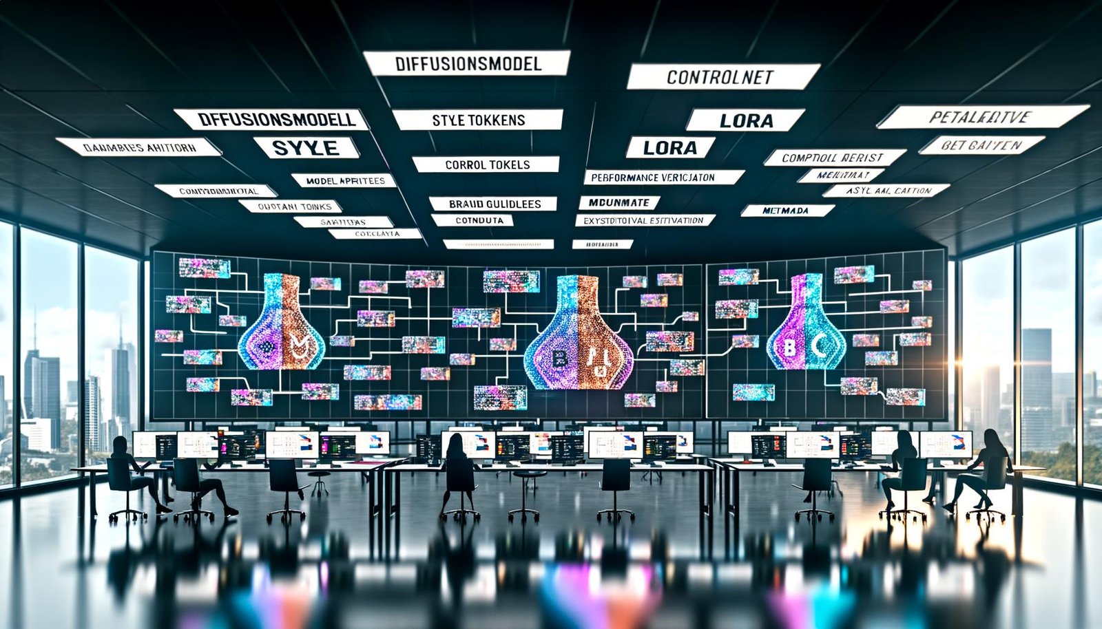 Futuristischer Workspace mit Marketing- und Design-Team vor großen Displays; KI-Bildpipeline mit Prompts, Parametern, Style-Tokens, Markenrichtlinien und Compliance; Begriffe Diffusionsmodell, LoRA, ControlNet, Metadata; Vorher/Nachher-Optimierungen und Analytics.