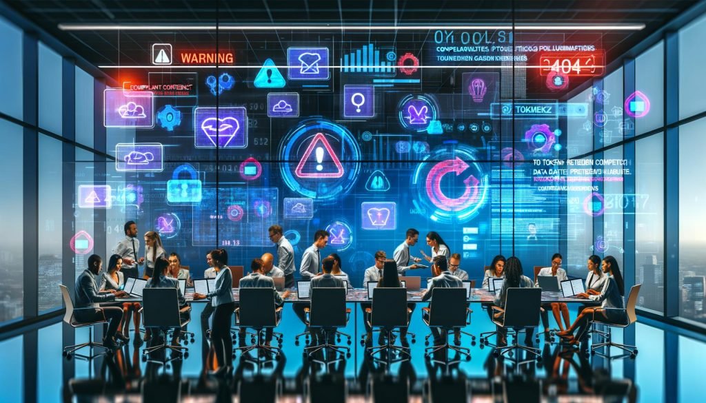 Dynamische Marketingabteilung mit Laptops und holografischen KI-Overlays (Token-Limits, Automatisierung, Analytics, Compliance); Mitarbeitende zwischen Zuversicht und Warnungen zu Daten- und Urheberrechtsrisiken.