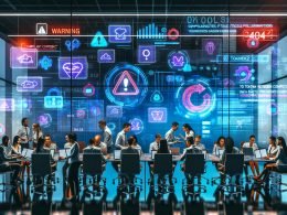 Dynamische Marketingabteilung mit Laptops und holografischen KI-Overlays (Token-Limits, Automatisierung, Analytics, Compliance); Mitarbeitende zwischen Zuversicht und Warnungen zu Daten- und Urheberrechtsrisiken.