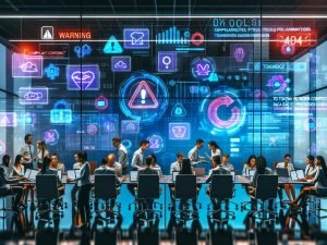 Dynamische Marketingabteilung mit Laptops und holografischen KI-Overlays (Token-Limits, Automatisierung, Analytics, Compliance); Mitarbeitende zwischen Zuversicht und Warnungen zu Daten- und Urheberrechtsrisiken.