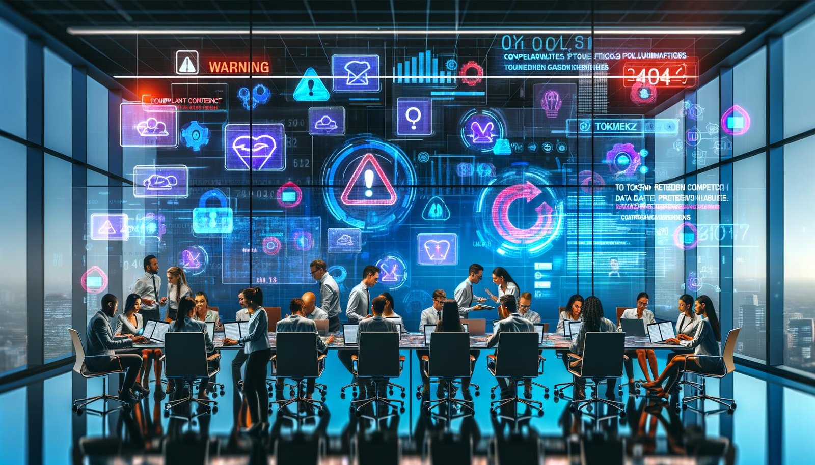 Dynamische Marketingabteilung mit Laptops und holografischen KI-Overlays (Token-Limits, Automatisierung, Analytics, Compliance); Mitarbeitende zwischen Zuversicht und Warnungen zu Daten- und Urheberrechtsrisiken.