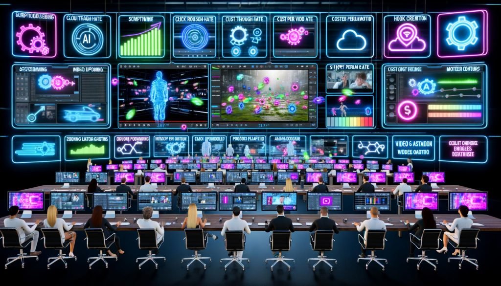 Diverses Team in einem ultra-modernen Marketingbüro 2025 vor großen Displays mit KI-Videoproduktion, Timelines, Prompts und Metriken wie CTR, Watchtime, CPM und Hook Rate.