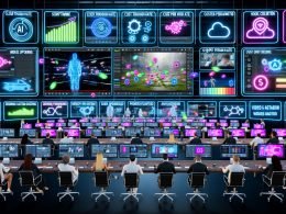 Diverses Team in einem ultra-modernen Marketingbüro 2025 vor großen Displays mit KI-Videoproduktion, Timelines, Prompts und Metriken wie CTR, Watchtime, CPM und Hook Rate.