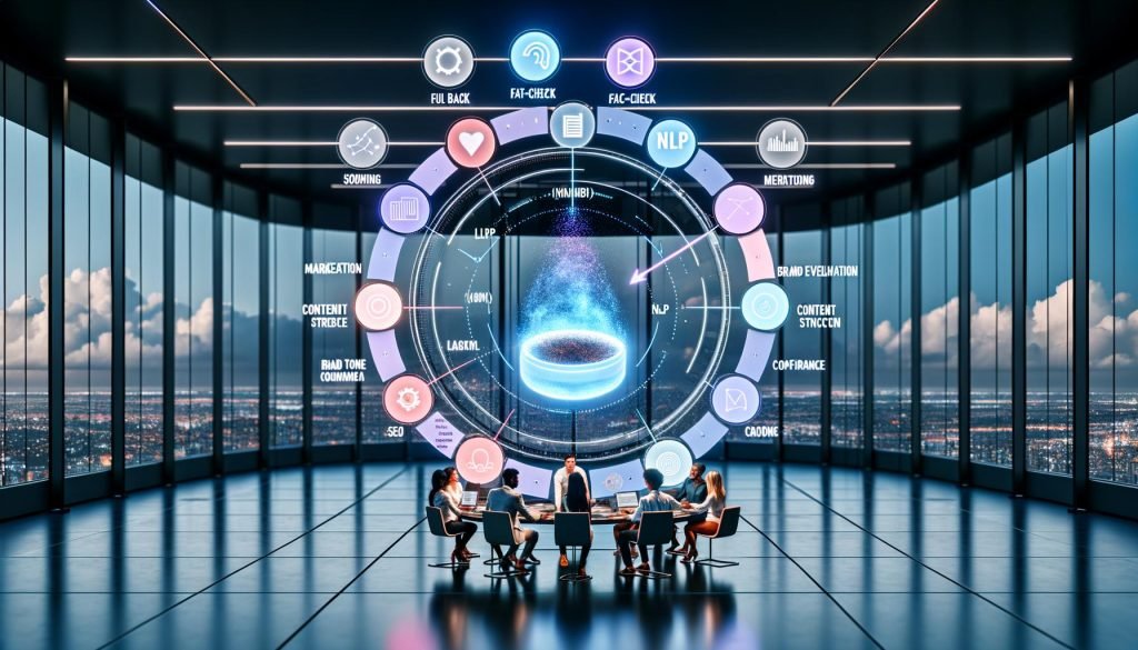 Futuristisches Büro mit Marketingteam vor holografischem Analytics-Dashboard; farbige NLP-Scorecards, semantische Graphen, Keyword-Wolken, Risiko- und Compliance-Icons; zentraler KI-Scanner analysiert ein Dokument in Echtzeit; SEO-, Fact-Check-, Brand-Tone- und Struktur-Icons im Kreis; Stadtpanorama im Hintergrund.