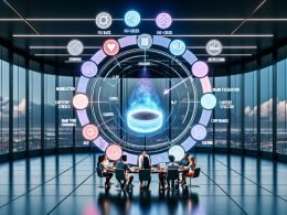 Futuristisches Büro mit Marketingteam vor holografischem Analytics-Dashboard; farbige NLP-Scorecards, semantische Graphen, Keyword-Wolken, Risiko- und Compliance-Icons; zentraler KI-Scanner analysiert ein Dokument in Echtzeit; SEO-, Fact-Check-, Brand-Tone- und Struktur-Icons im Kreis; Stadtpanorama im Hintergrund.