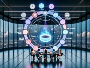 Futuristisches Büro mit Marketingteam vor holografischem Analytics-Dashboard; farbige NLP-Scorecards, semantische Graphen, Keyword-Wolken, Risiko- und Compliance-Icons; zentraler KI-Scanner analysiert ein Dokument in Echtzeit; SEO-, Fact-Check-, Brand-Tone- und Struktur-Icons im Kreis; Stadtpanorama im Hintergrund.